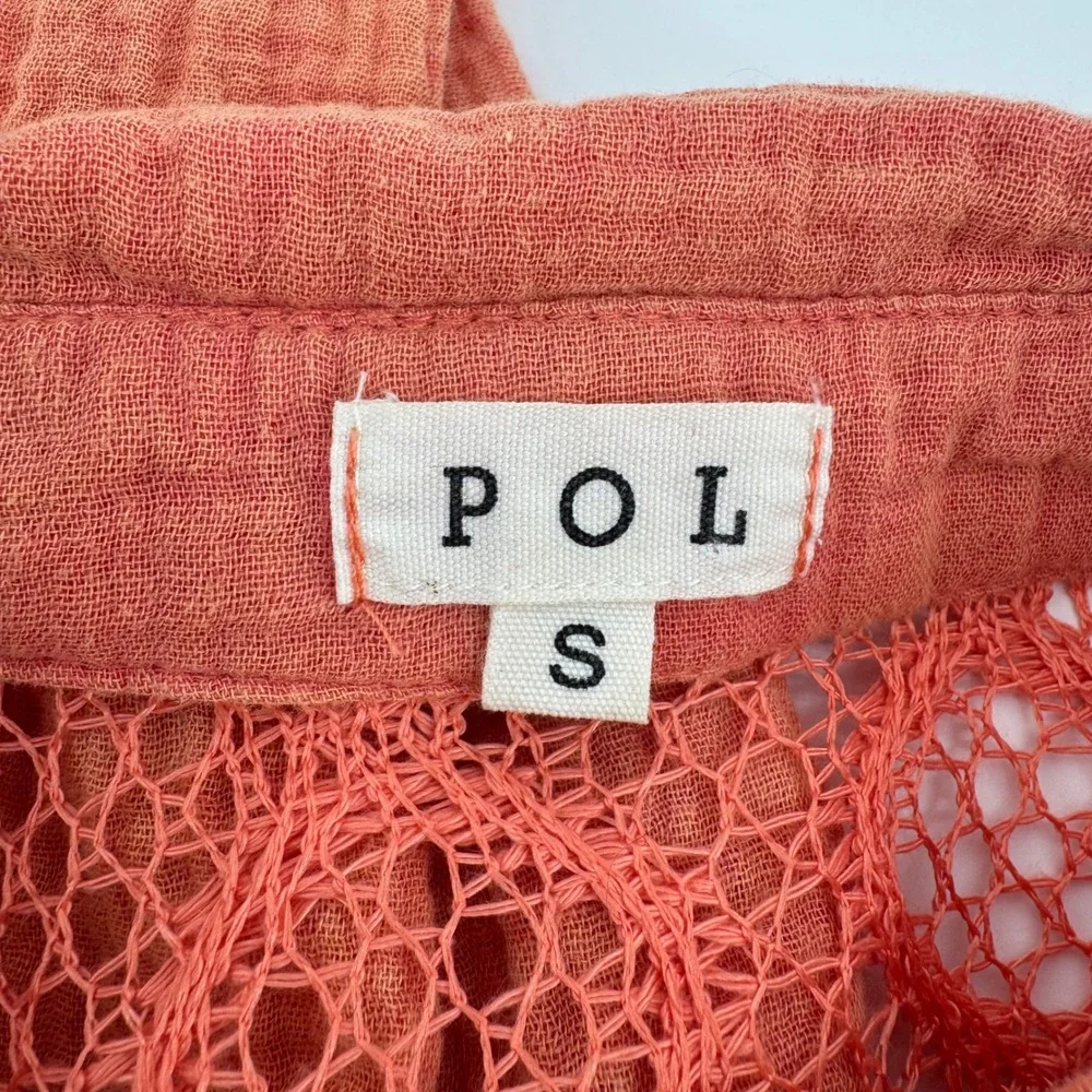 POL Coral Orange Gauze Crochet Lace Button Down Shirt Women Oversized Small Boho